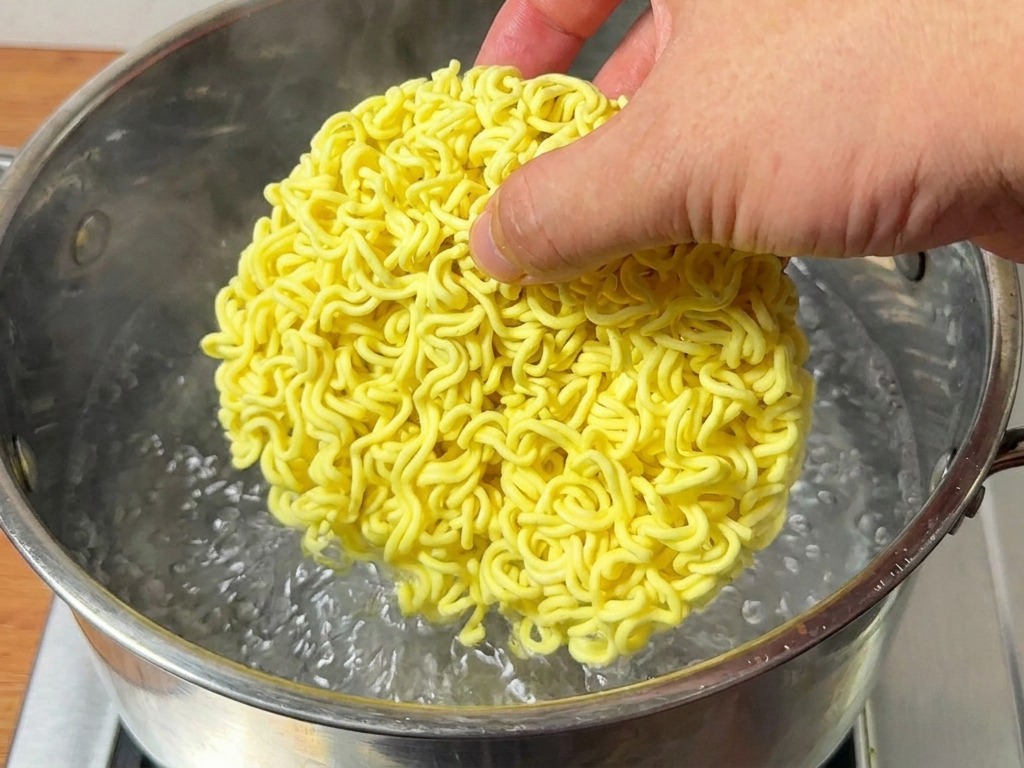 沸騰したお湯の中に、丸い乾燥麺を入れている様子。