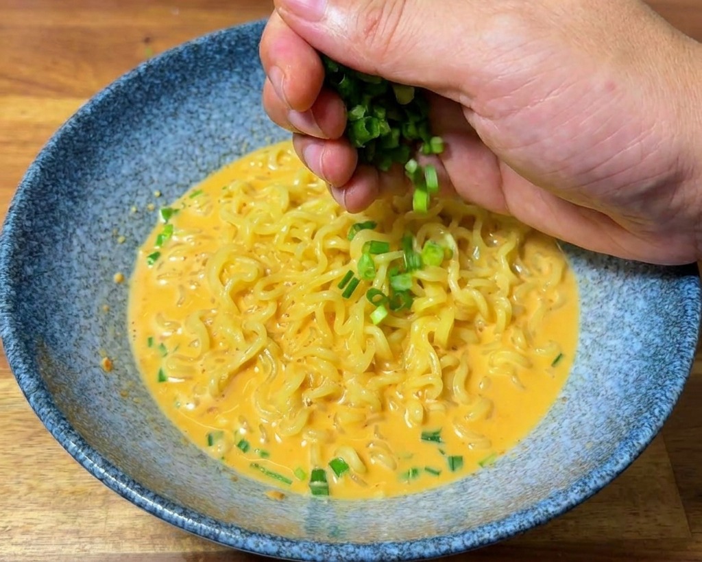 ラーメンの上にたっぷりの刻みねぎを振りかけている様子。