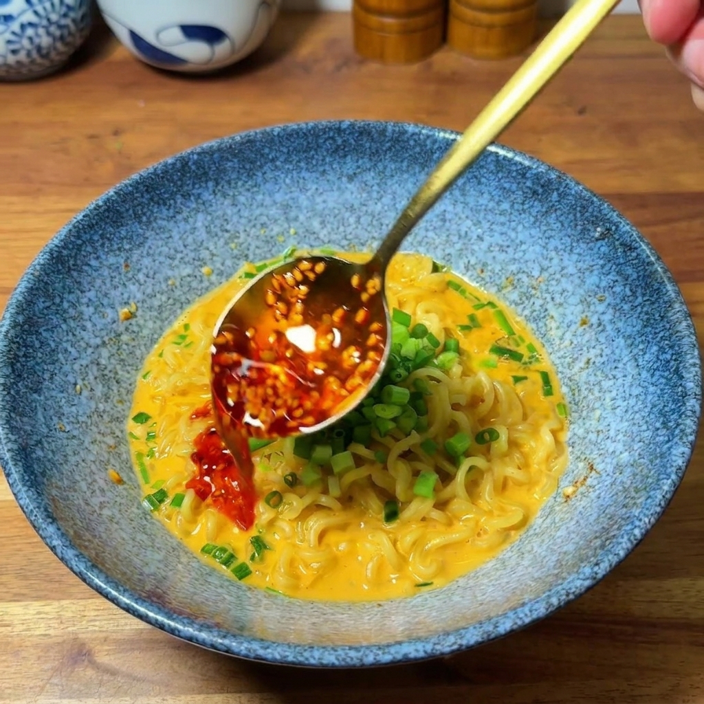 具材がのったラーメンに、赤いラー油といりごまを垂らしている様子。