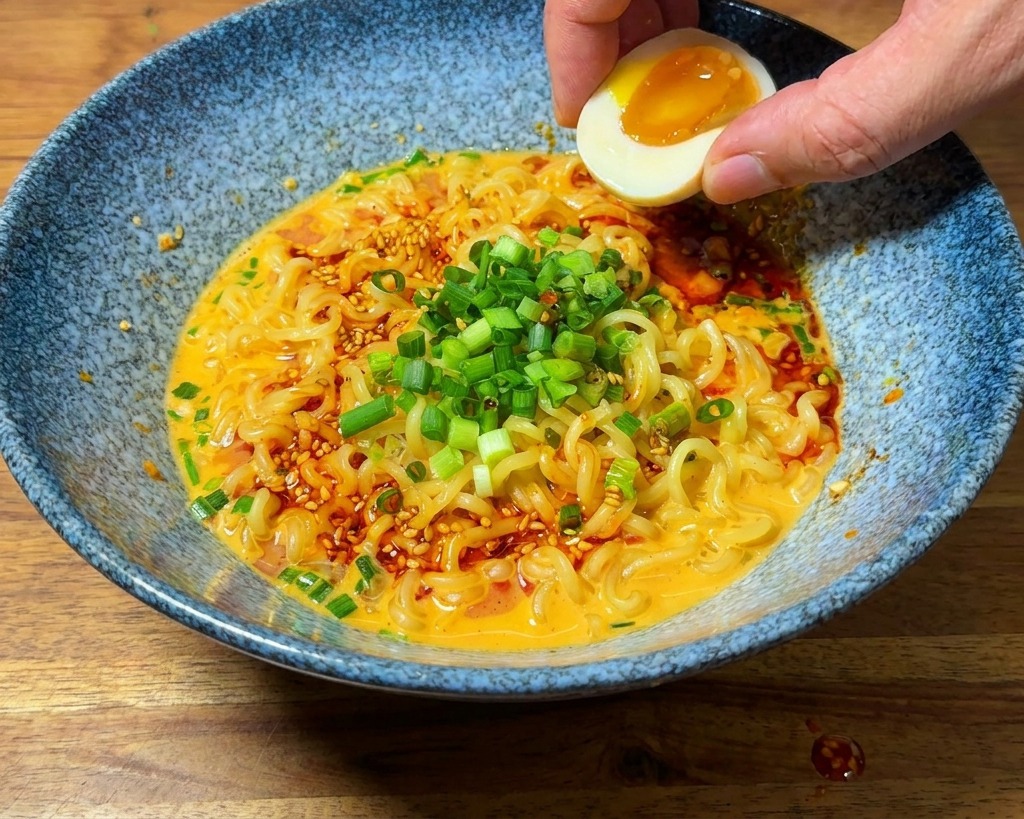 断面がトロトロの半熟卵を、麺の上にのせている様子。