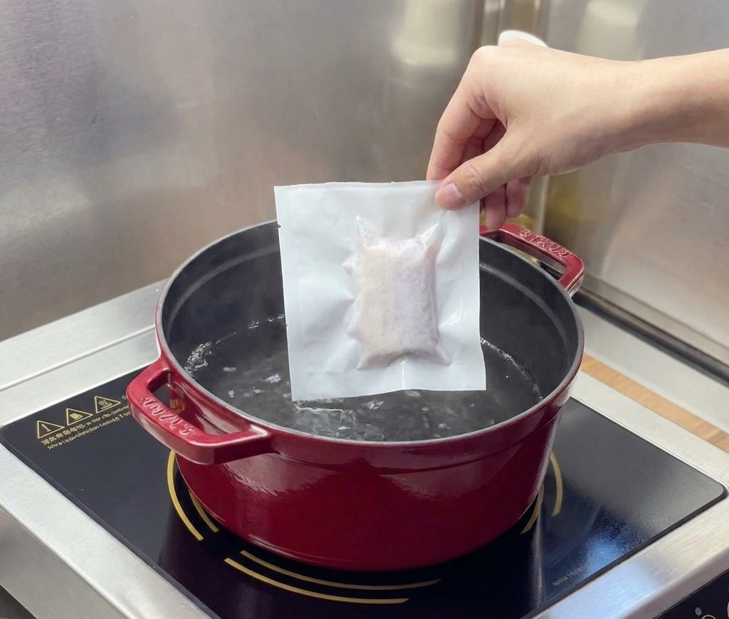 鍋の熱いお湯の上に、真空パックに入ったチャーシューをかざして準備している様子。