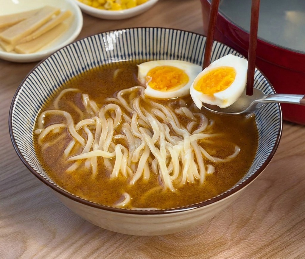 箸とスプーンを使い、鮮やかなオレンジ色の黄身が見える半熟卵を麺の上に乗せている様子。