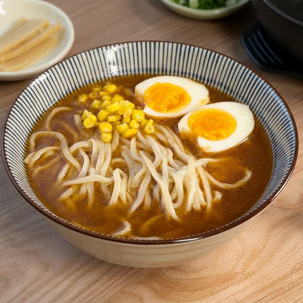ラーメンの具材として、鮮やかな黄色のコーンが麺の上に追加されている様子。