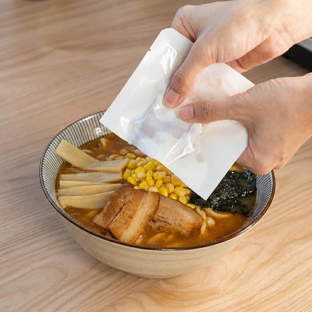 パックから温かいチャーシューを、完成間近のラーメンの上に滑らせるように乗せている様子。