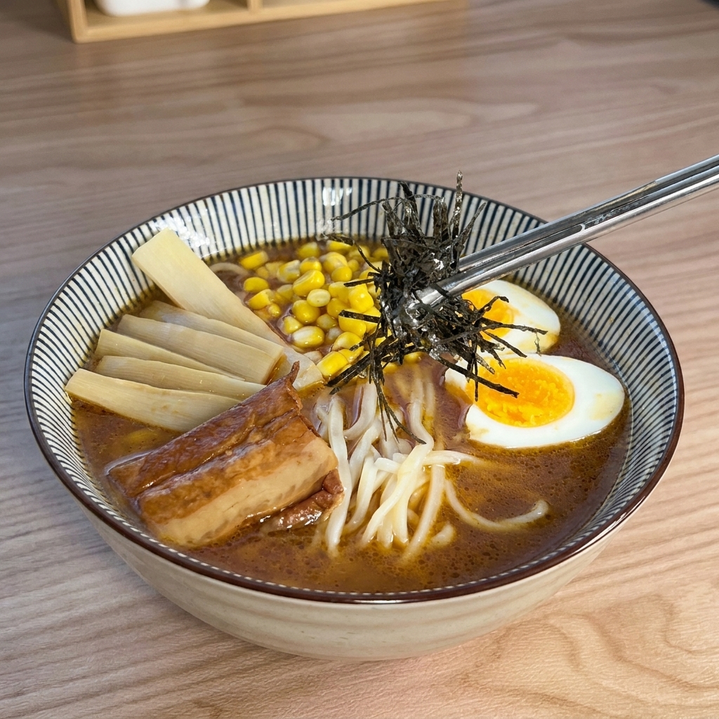 仕上げに、ピンセット状の箸で刻みのりをチャーシューの上に盛り付けている様子。