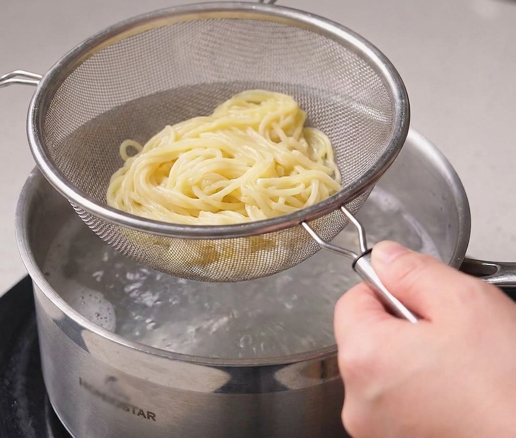 茹で上がった黄色い麺を網のストレーナーで持ち上げ、お湯を切っている様子