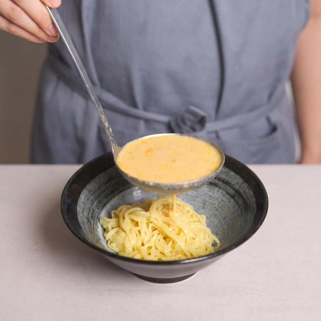 器に盛られた麺の上に、お玉でクリーミーなスープを注いでいる様子