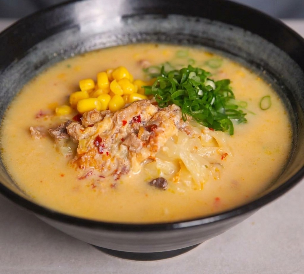 コーンの隣に鮮やかな緑の刻みネギが盛られたラーメンのアップ写真