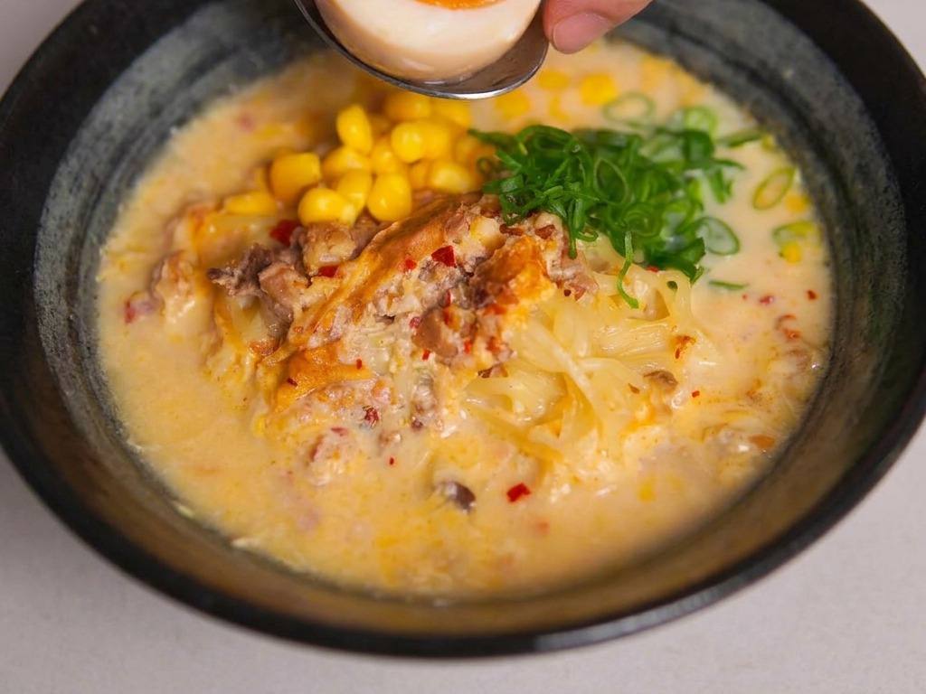 完成したラーメンの上に、鮮やかなオレンジ色の黄身が見える半熟卵を置いている様子
