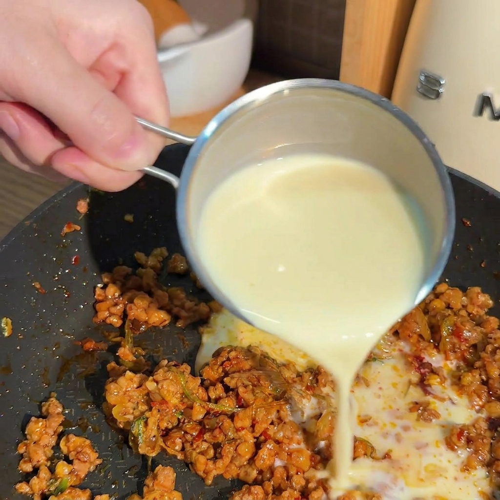 肉味噌の入ったフライパンに、真っ白な無調整豆乳を注ぎ入れている様子。