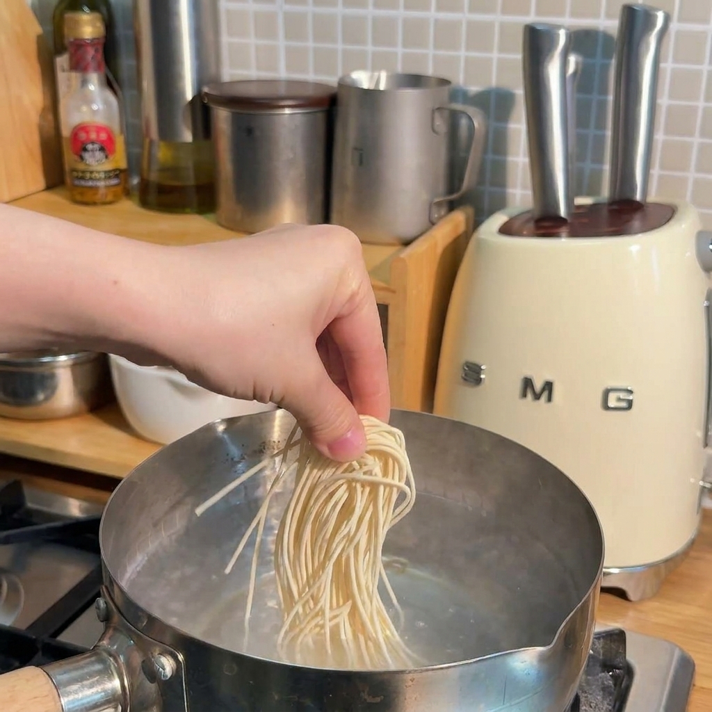 沸騰したお湯の中に中華麺を入れ、茹でている様子。