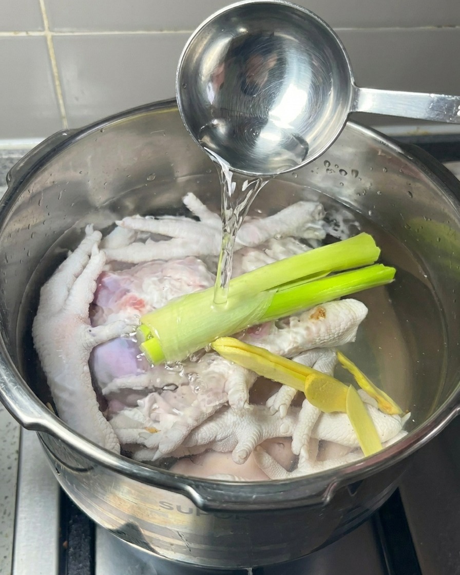 圧力鍋の中の材料に、お玉で白ワインを注いでいる様子。