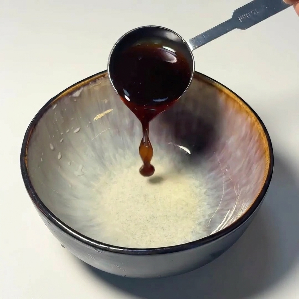 盛り付け用の器に濃い色のタレをスプーンで入れている様子
