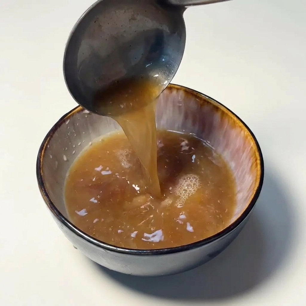 レードルで濃厚な豚骨スープをつけ鉢に注いでいる様子