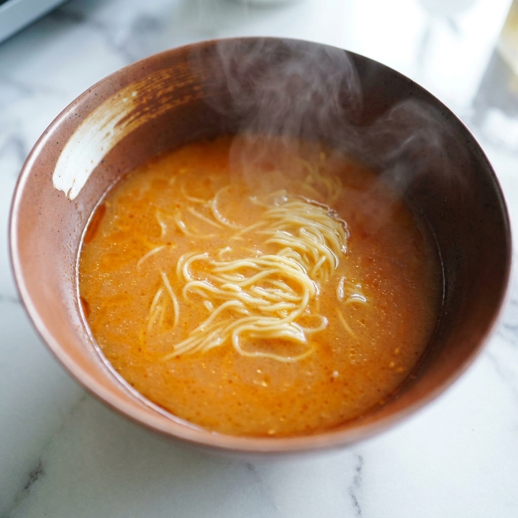 茹で上がって湯切りした麺を、熱い味噌スープの入った器に丁寧に盛り付けている場面。