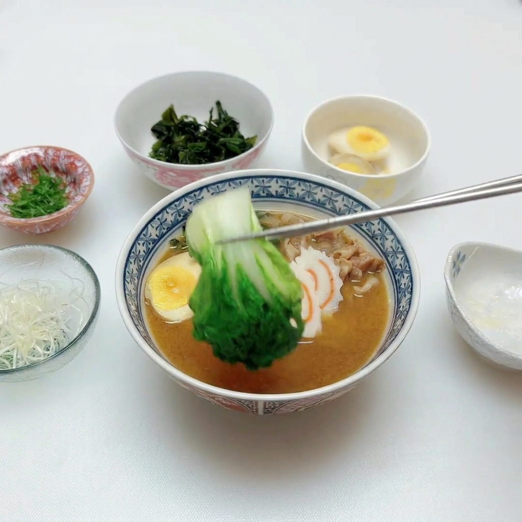 箸で茹でた青菜を、肉や卵がのったどんぶりに添えている様子。
