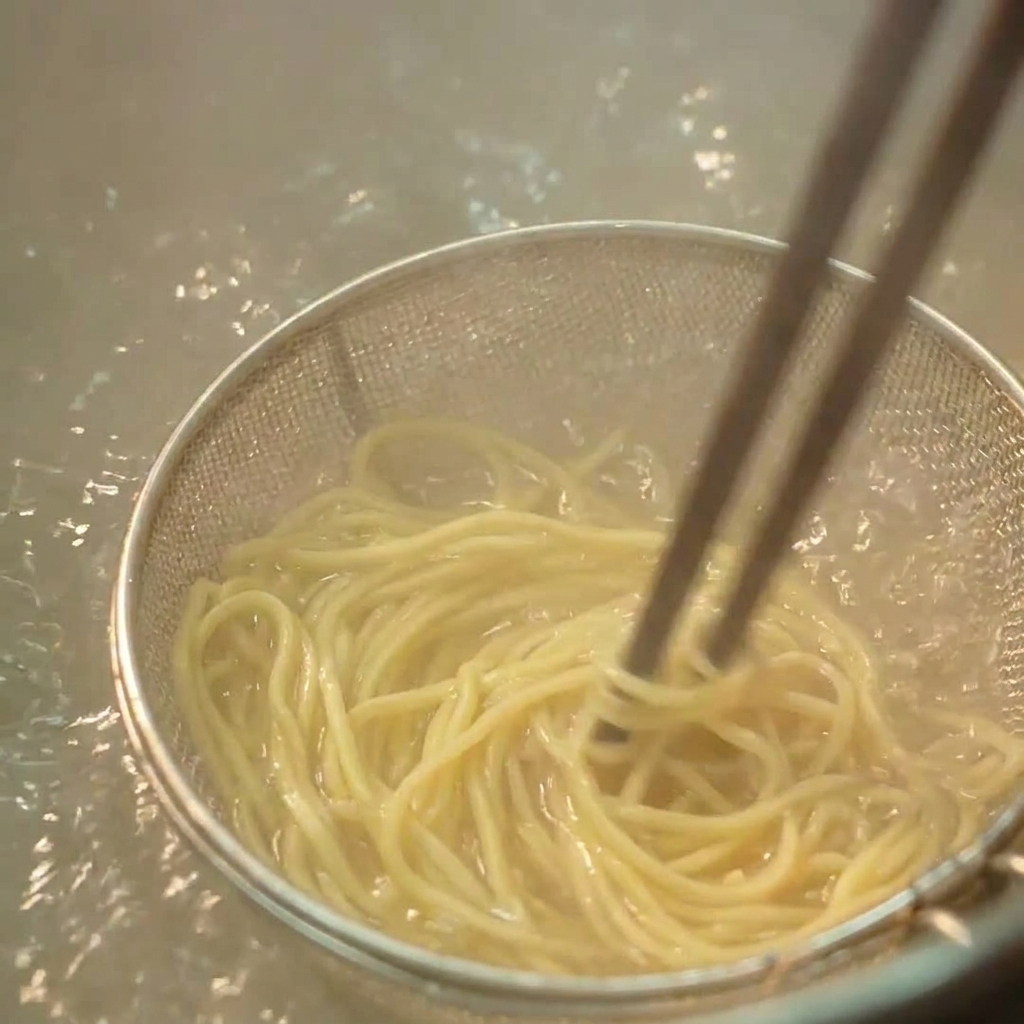 テボの中で菜箸を使い、茹でている麺を優しく混ぜる様子