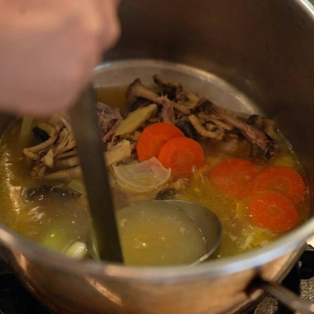 鍋の中で鶏肉や野菜が入った黄金色のスープをお玉で混ぜる様子