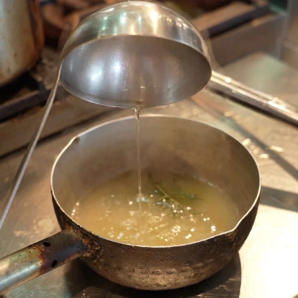 コンロの上で湯気を上げながら沸騰している手鍋のスープ