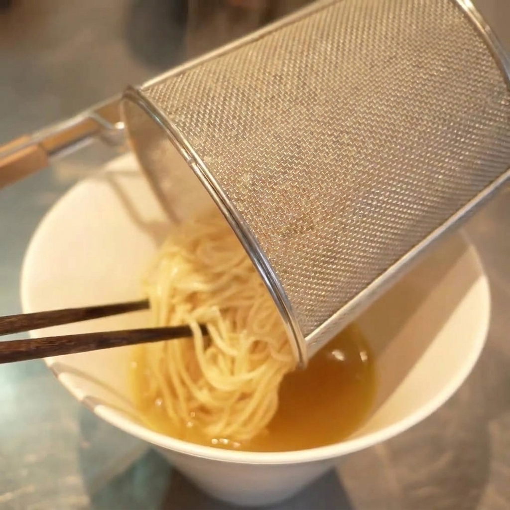 スープが入った丼にテボから麺を静かに移す様子