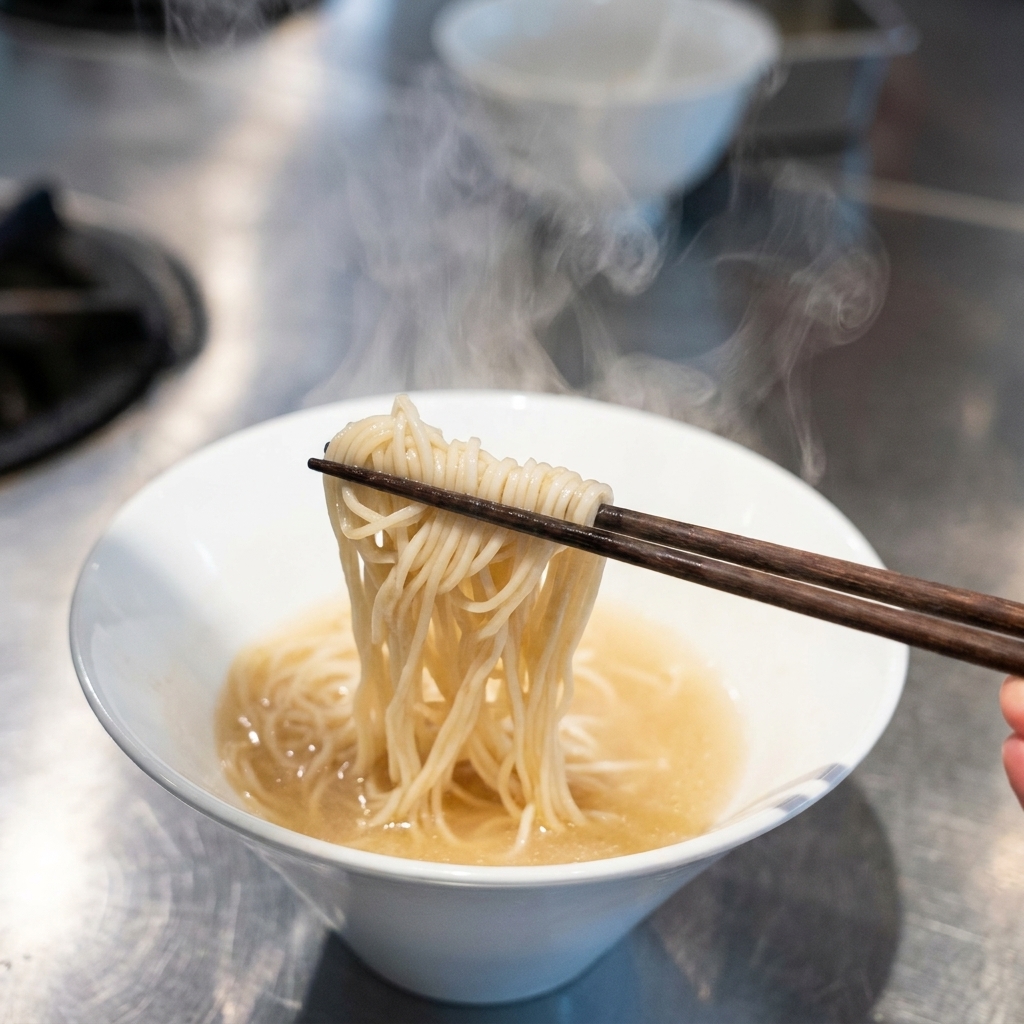 箸を使って丼の中で麺を綺麗に折り畳むように整える様子