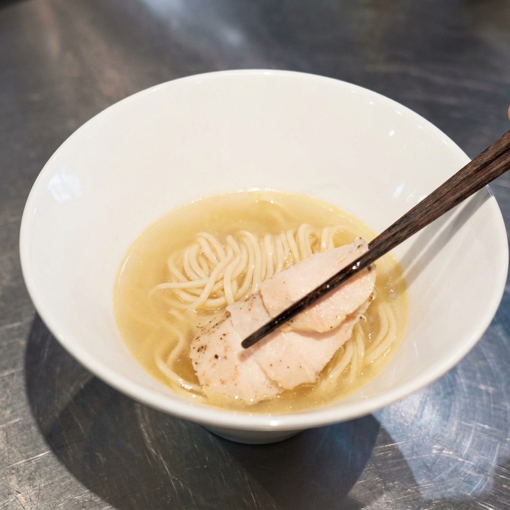 整えられた麺の上に鶏チャーシューを丁寧に並べる様子