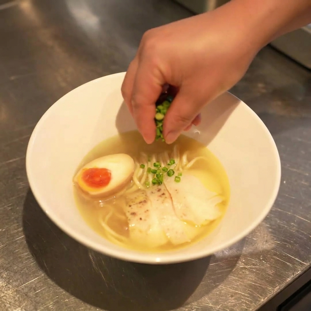 鶏塩ラーメンの仕上げに、刻んだねぎを中央に盛り付ける様子
