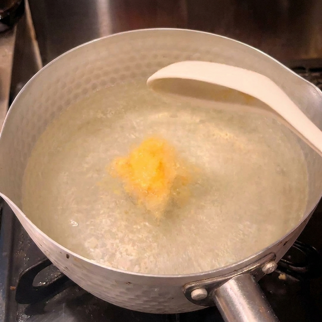 鍋の熱湯に黄色い鶏ガラスープの素を加え、透き通ったラーメンスープを作っている様子。