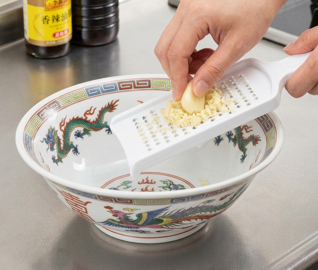 龍の模様が入ったラーメン鉢の上で、ニンニクを白いおろし金ですりおろしている様子。