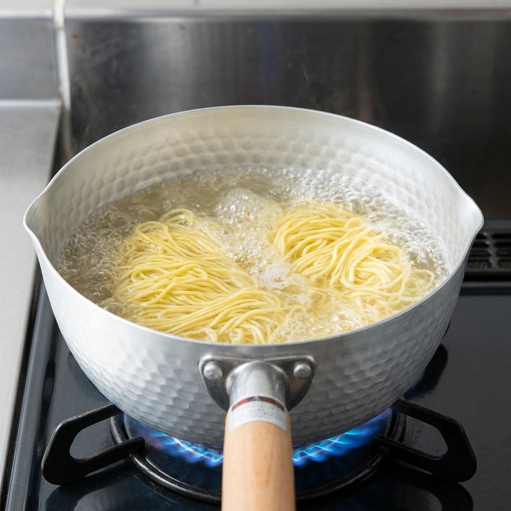 沸騰したお湯の中で、黄色い中華麺を箸でほぐしながら茹でている様子。