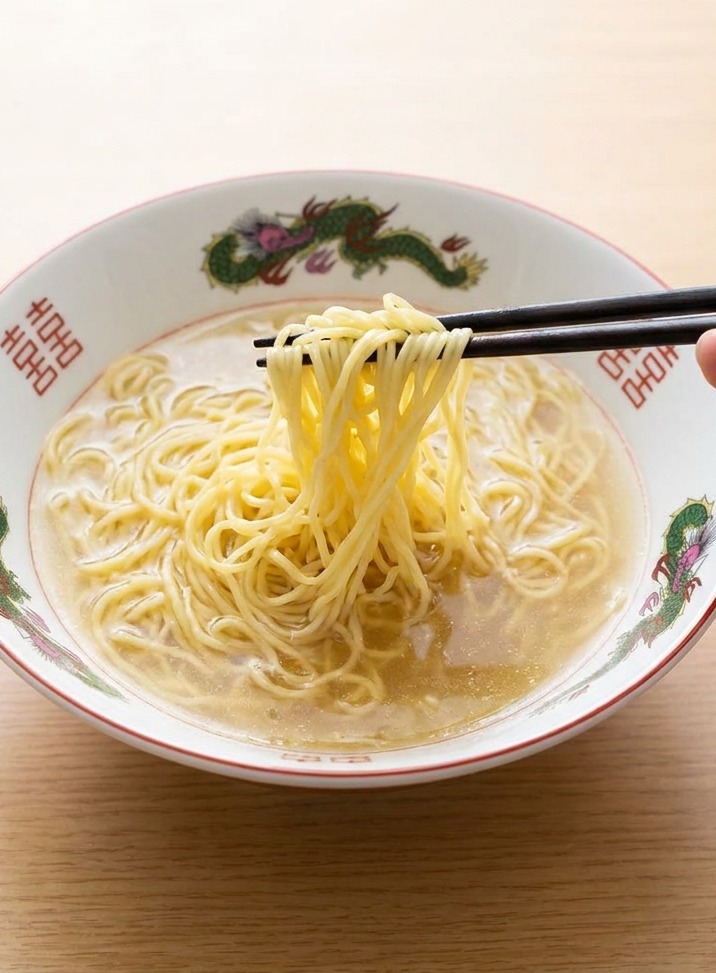 黄金色のスープの中に、茹でたての麺を箸で整えながら盛り付けている様子。