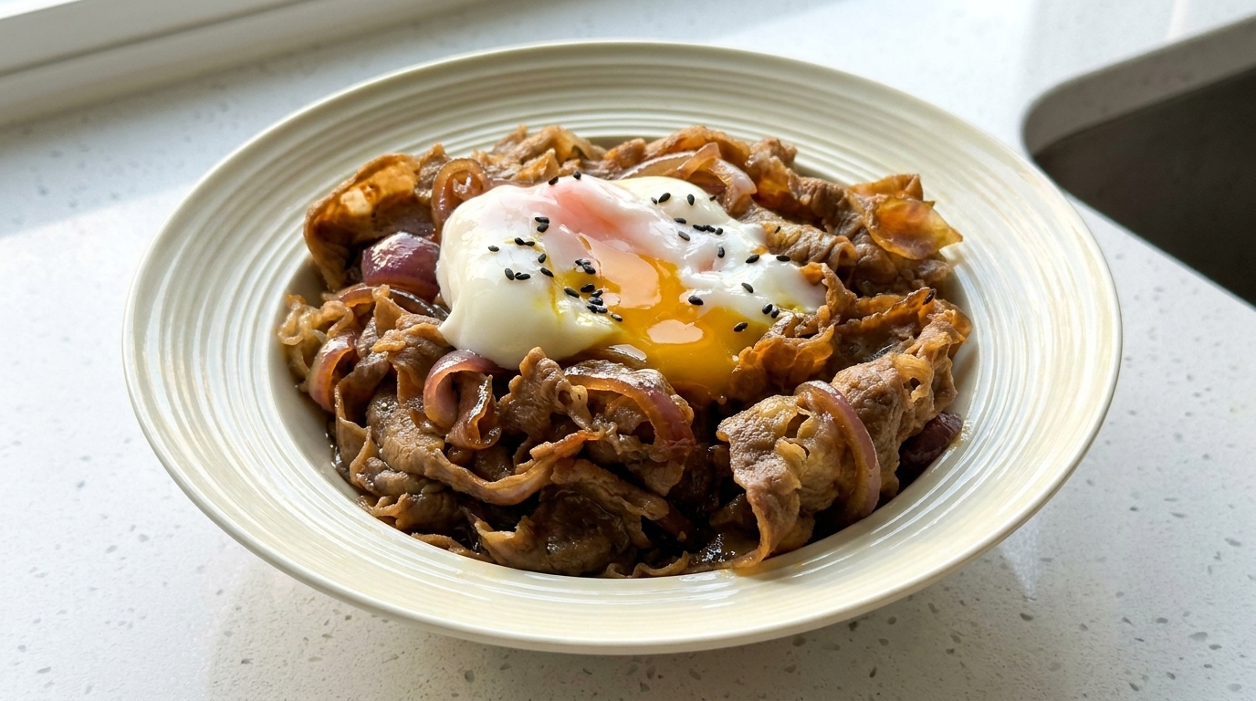 とろとろ温泉卵がのった本格牛丼（赤玉ねぎ仕立て）