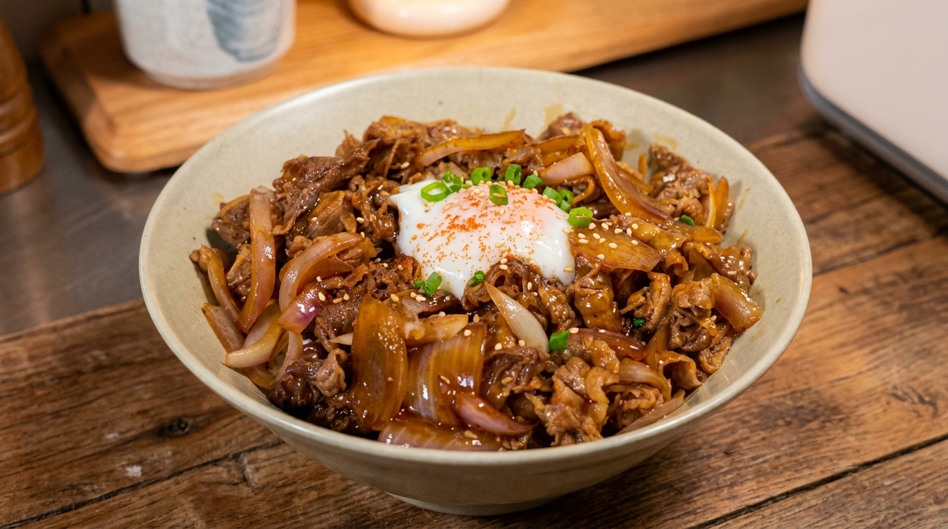 家庭でプロの味！とろとろ温泉卵の牛丼（照り焼き風）