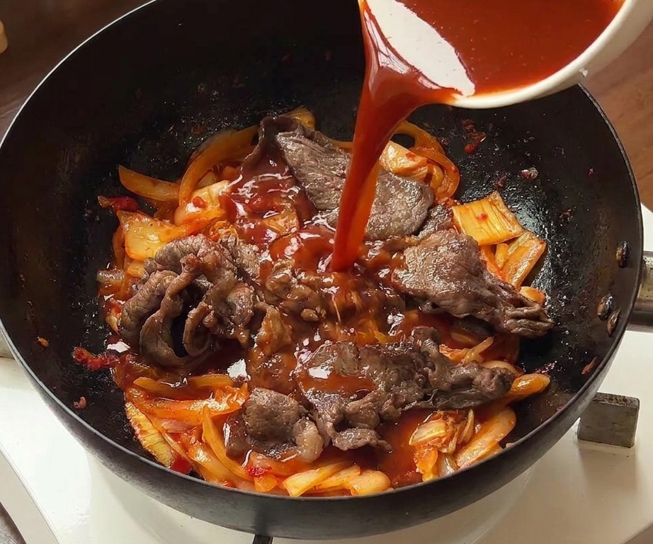 牛肉やキムチを炒めているフライパンに、赤いタレを注ぎ入れる様子。