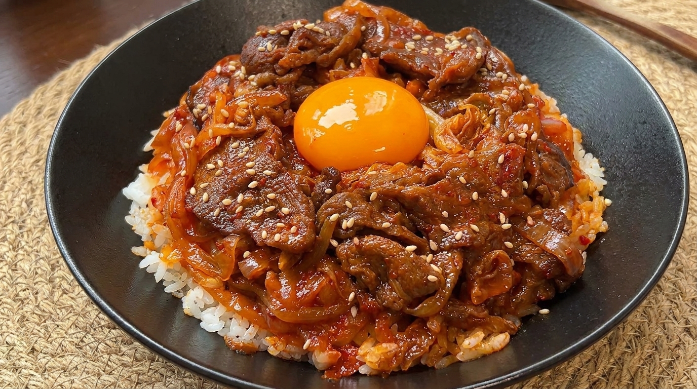 とろーり卵黄のせ！旨辛キムチ牛丼