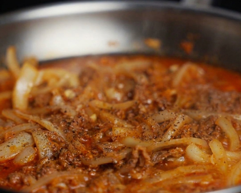 煮立っている牛肉、玉ねぎ、キムチの入ったフライパンの上から、白いりごまを振りかけている様子。