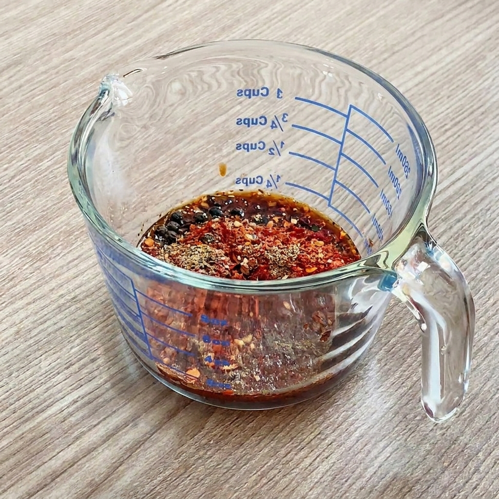計量カップに入れた粉唐辛子、黒こしょう、醤油、コチュジャン