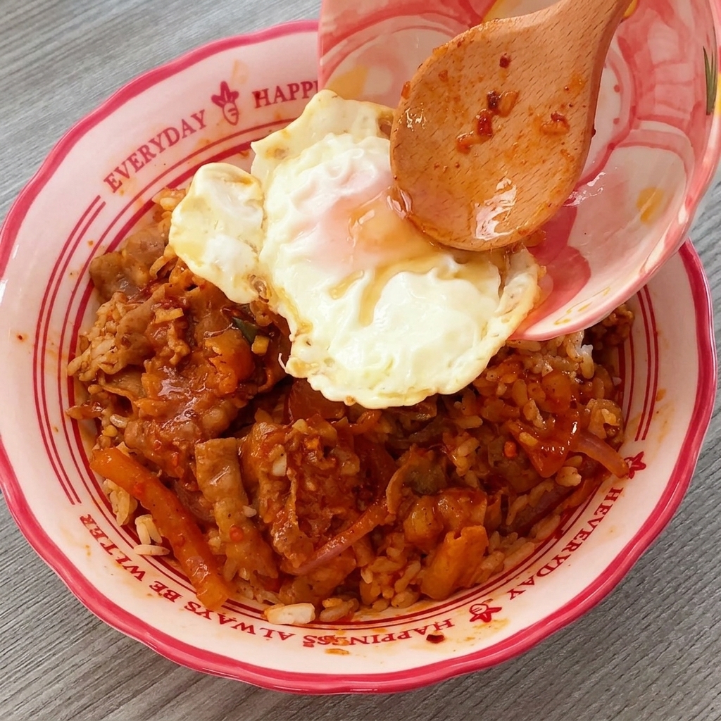 完成した丼に目玉焼きをそっと乗せる様子
