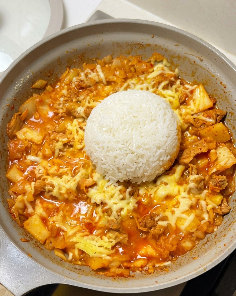 溶けたチーズと赤いキムチ牛肉のベースに囲まれた、フライパンの中央にこんもりと盛られた白いご飯。