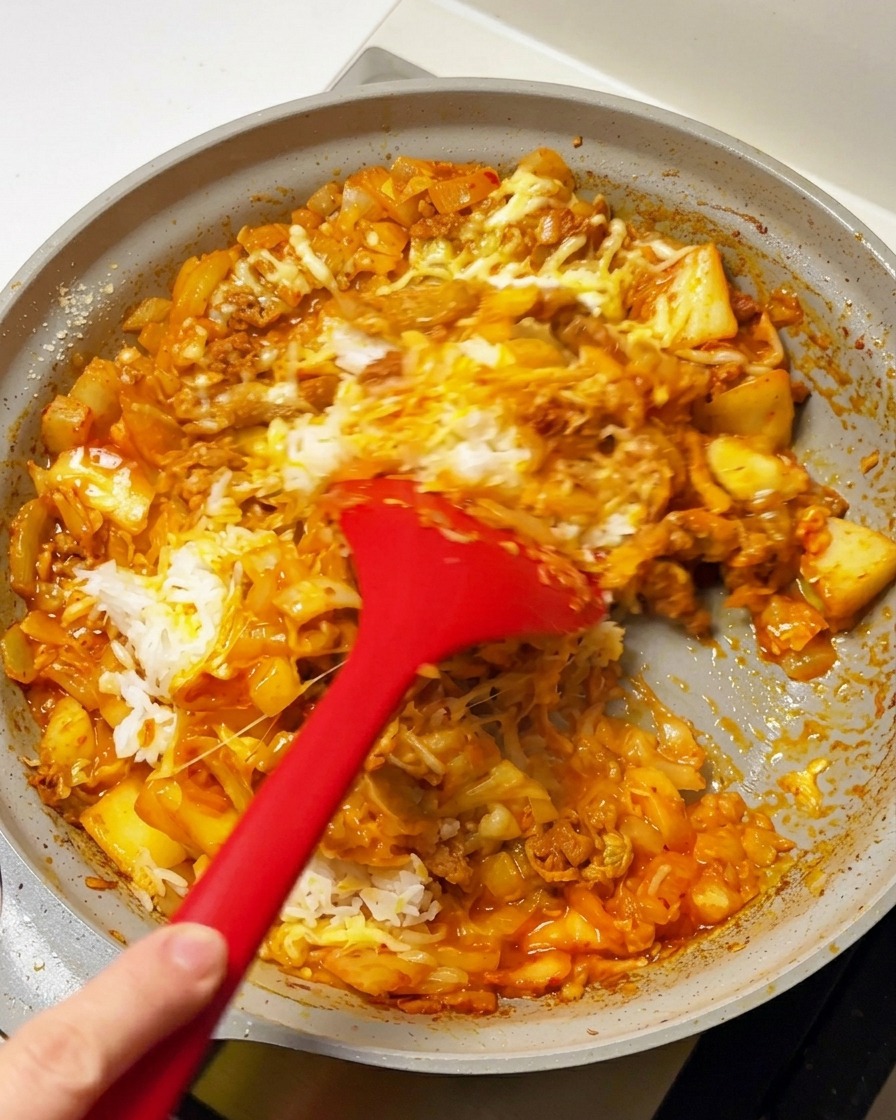 フライパンの中で、赤いスパチュラを使って白いご飯を崩しながら、スパイシーな牛肉とチーズのベースに混ぜ合わせている様子。