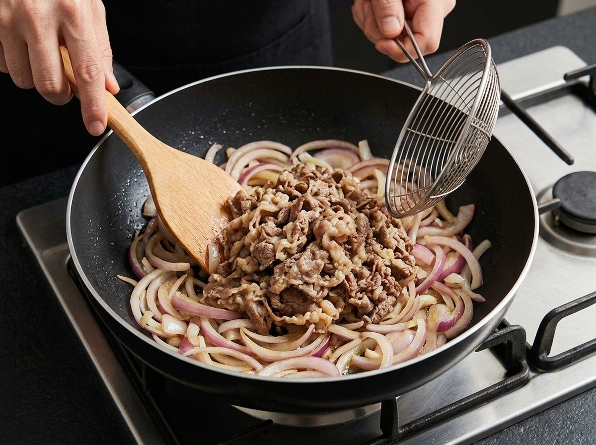 下茹でされた牛バラ肉を、ストレーナーを使ってフライパンの玉ねぎに加えている様子。