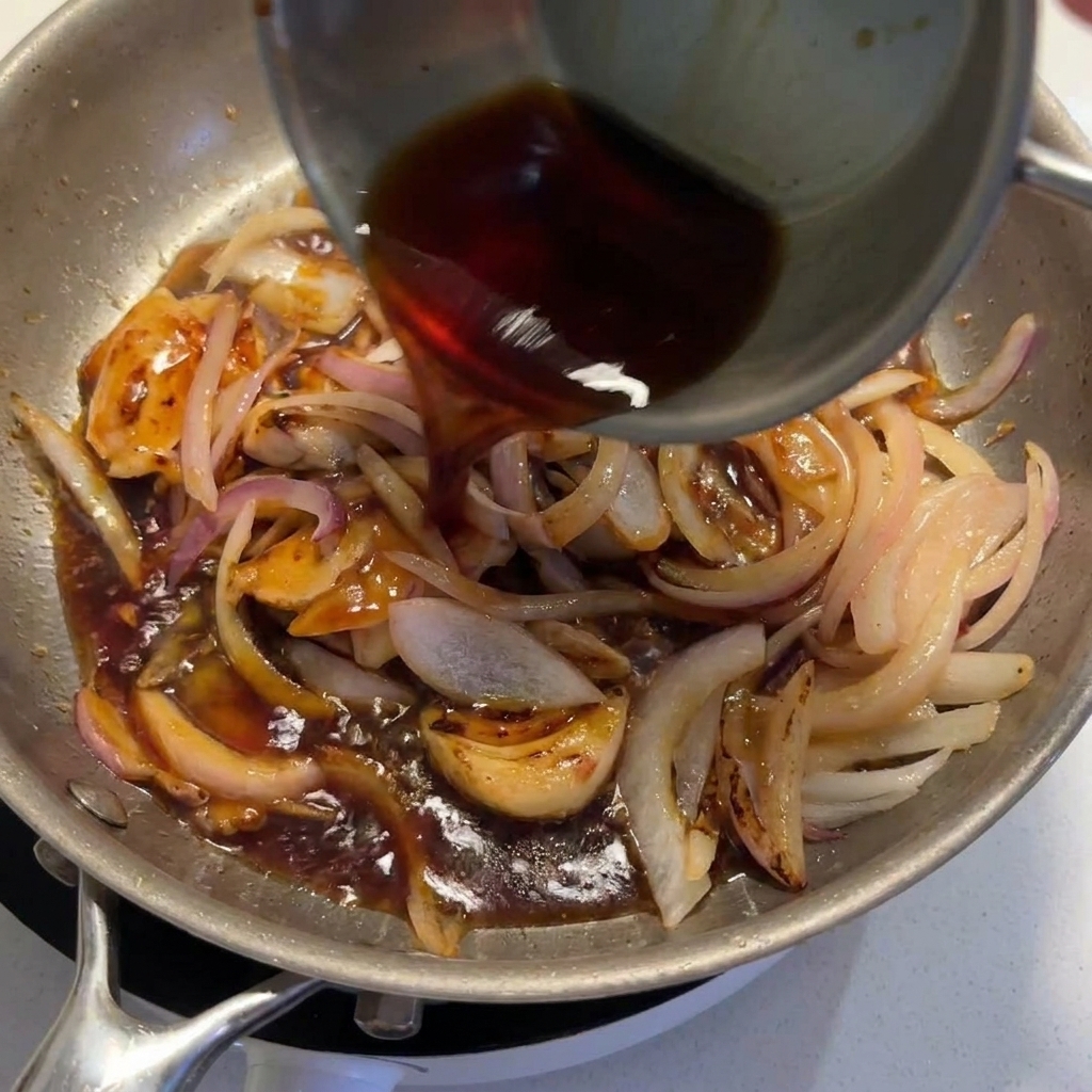 フライパンで炒めた鶏肉と玉ねぎの上に、容器から合わせ調味料を注いでいる様子。