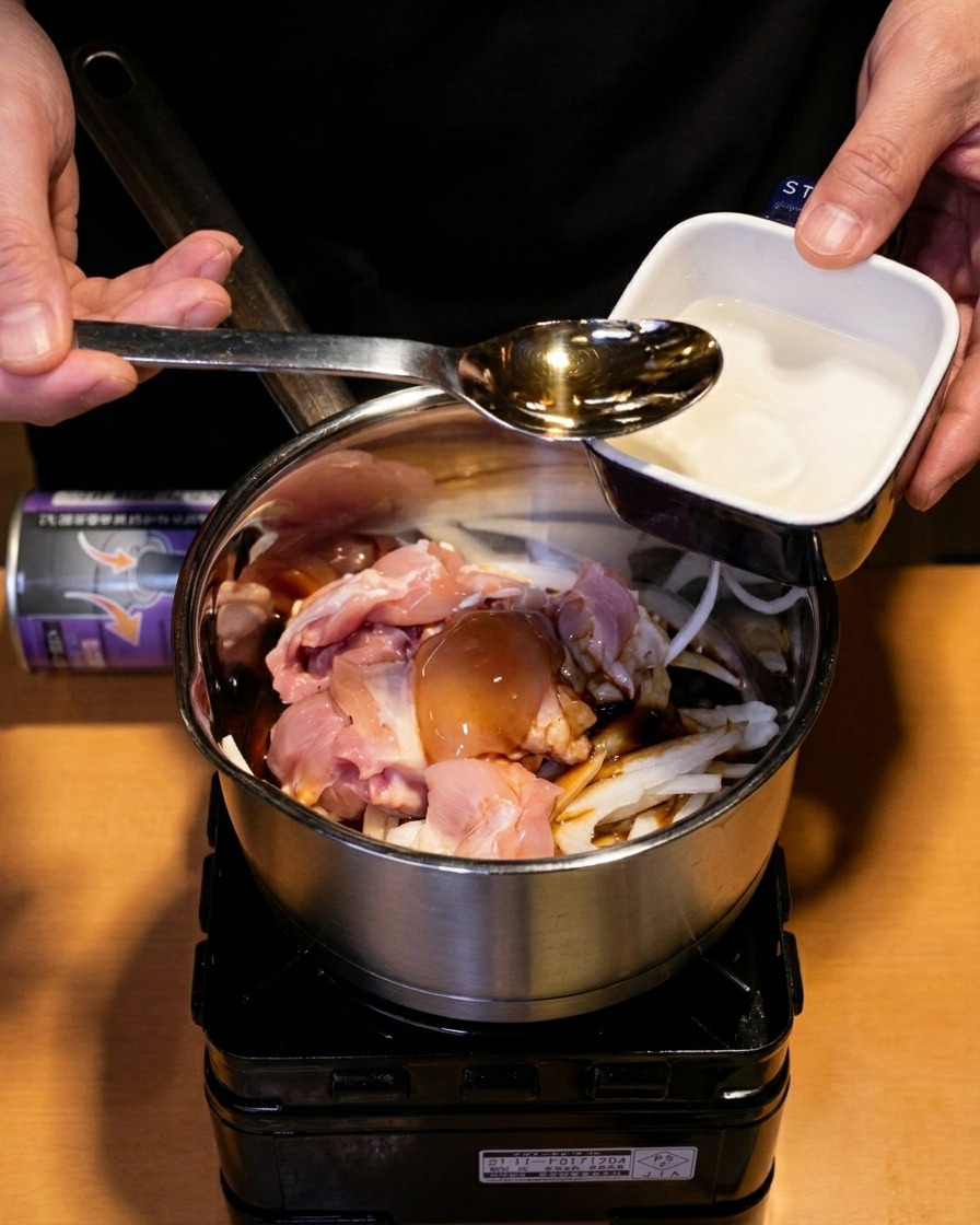 煮汁のベースが入った鍋に、料理酒を加えている様子。