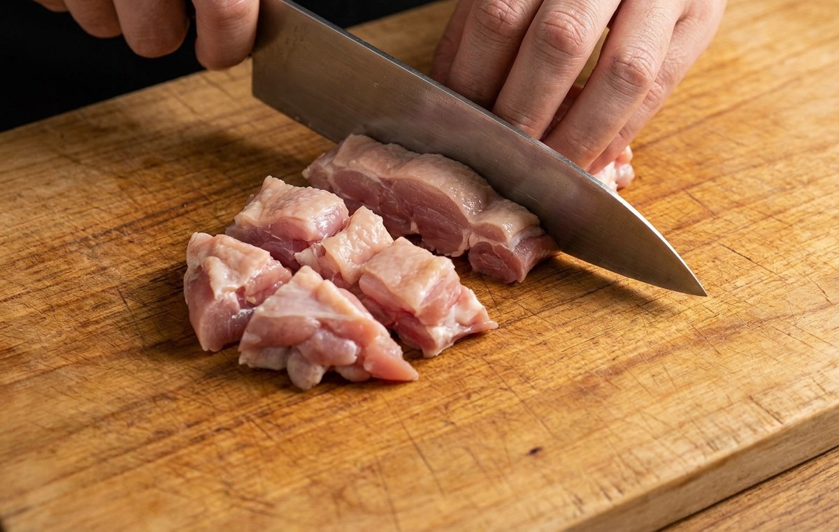 まな板の上で、生の鶏もも肉を包丁で一口大の大きさに切り分けている様子。