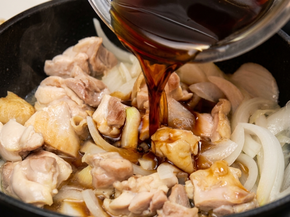 鶏肉と玉ねぎが入ったフライパンに、醤油ベースの濃い色のタレを注ぎ入れている様子。