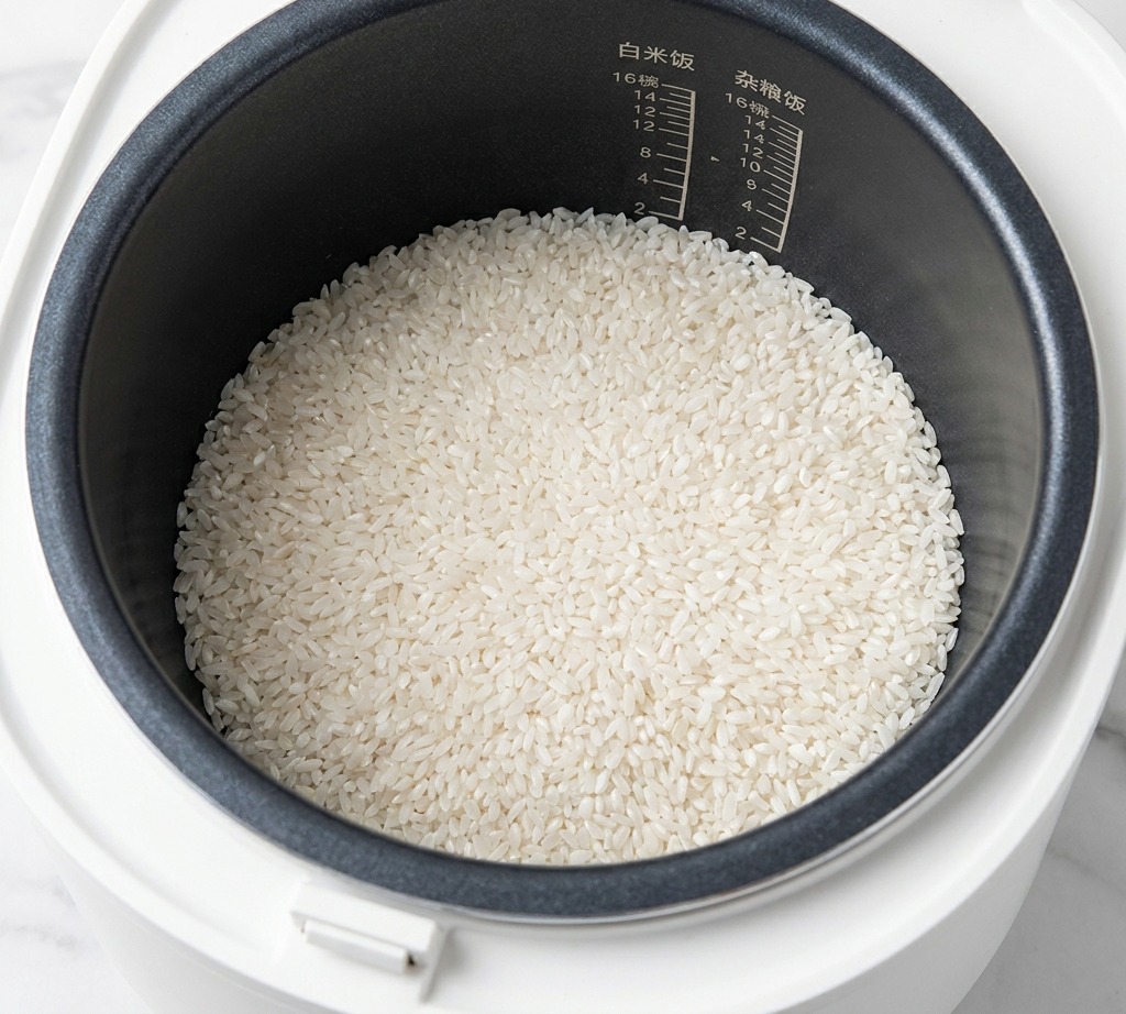 炊飯器のお米に、ガラス瓶から薄口醤油を回しかけている様子。