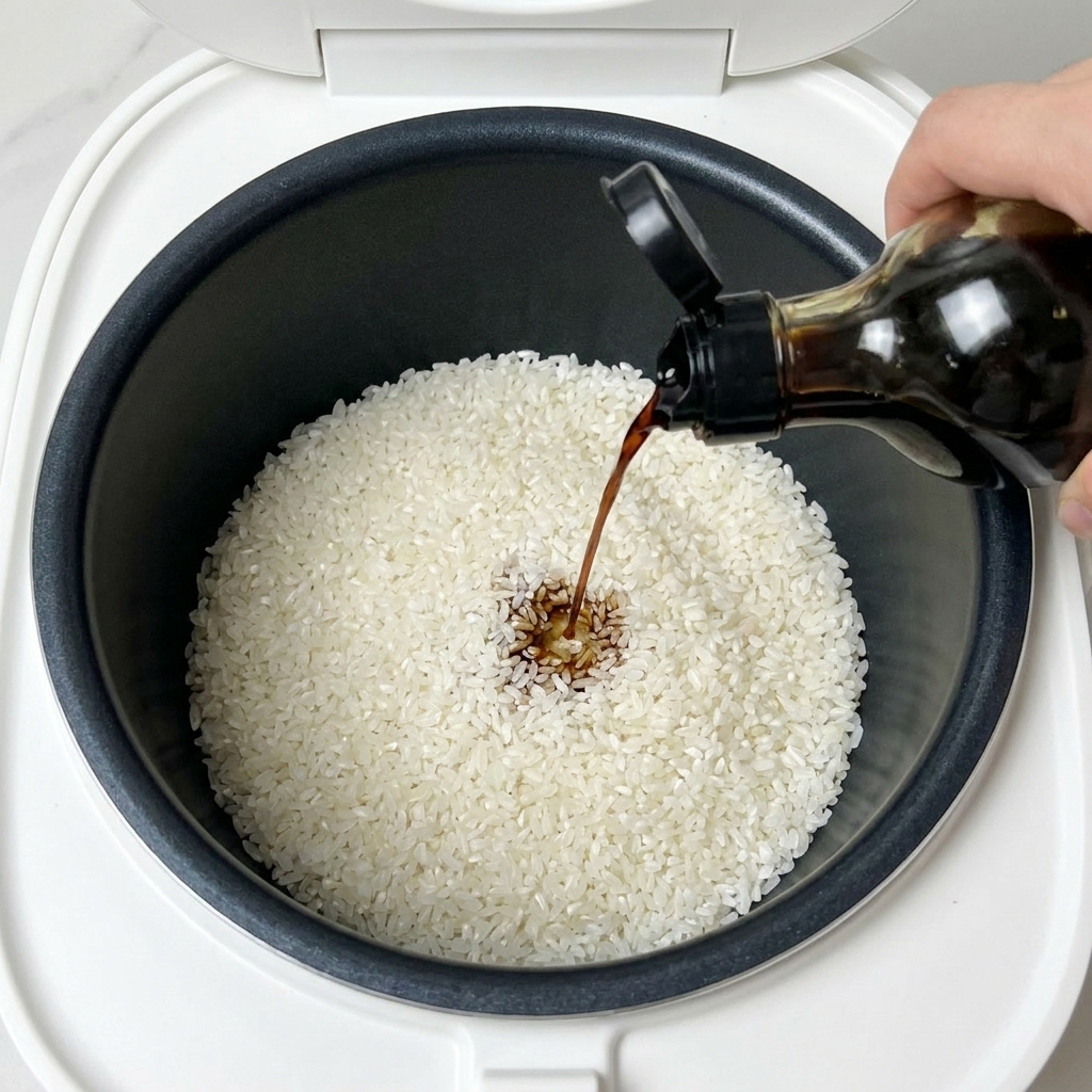 黒い炊飯器の内釜に入った白いお米に、濃い色の老抽を垂らしている様子。