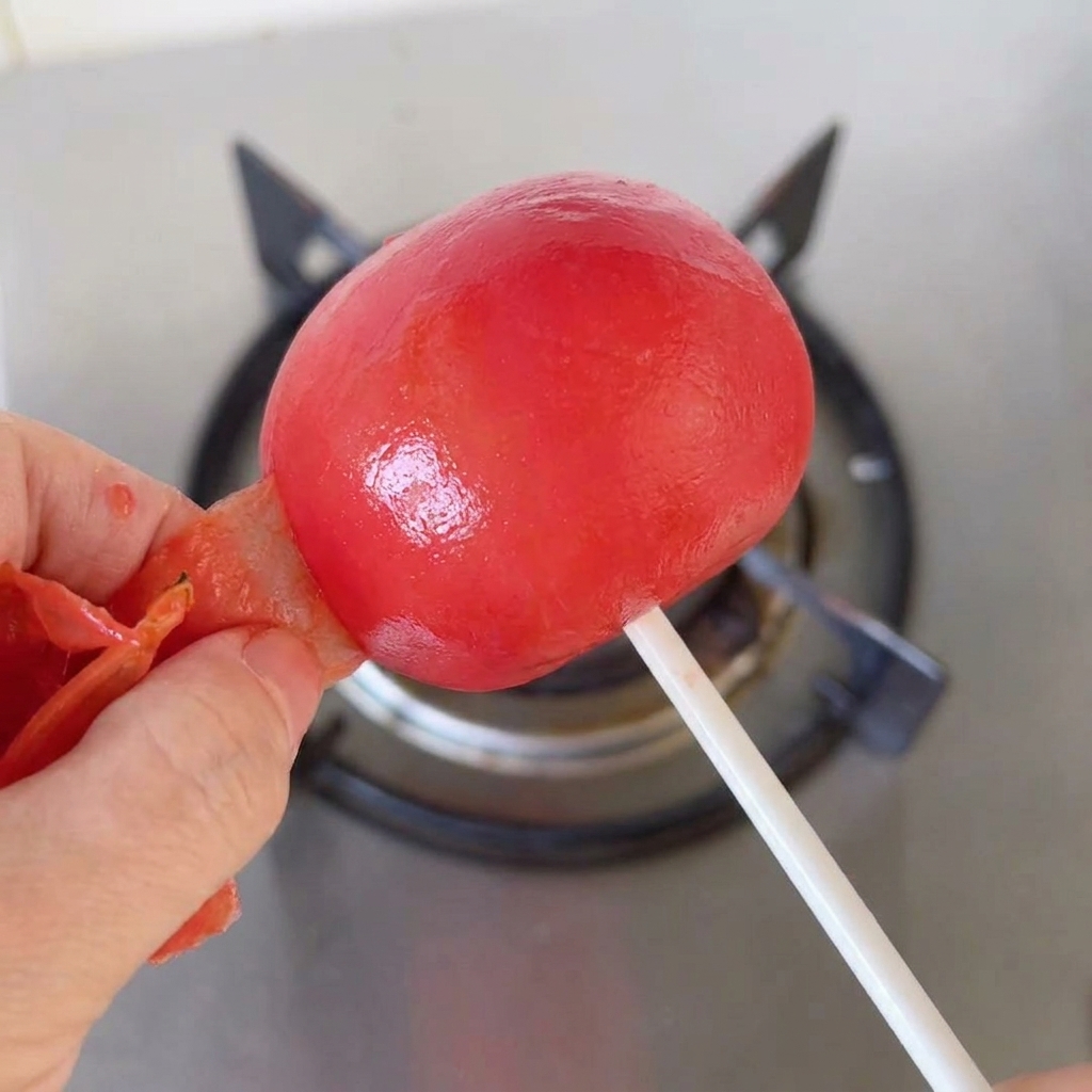 焼いて柔らかくなったトマトから、焦げた薄皮を手で剥いている様子。