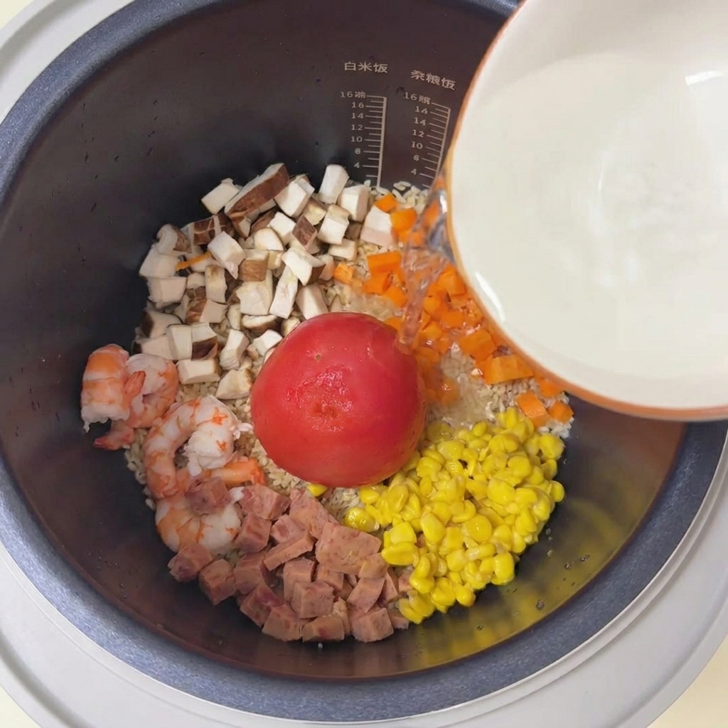 色とりどりの具材が詰まった炊飯器の真ん中に、皮を剥いた赤いトマトが鎮座している様子。