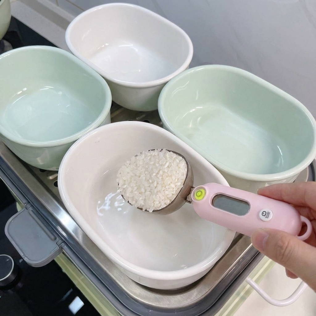 デジタル計量スプーンで白いお米を蒸し用のセラミック容器に入れている様子。